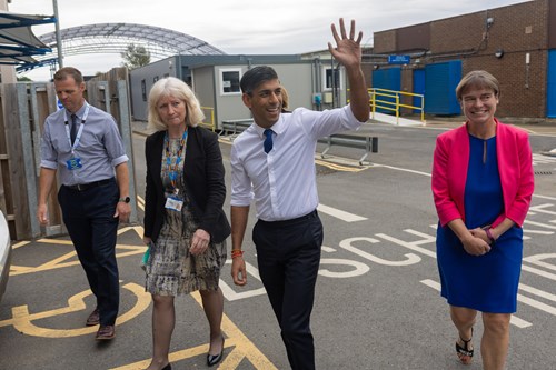 Prime Minister Rishi Sunak arriving at NDDH with Dame Shan Morgan, Chair of the Royal Devon, and Selaine Saxby MP