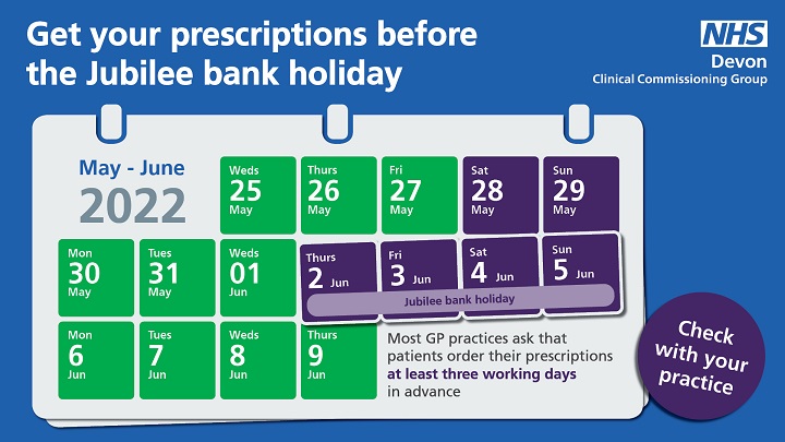 Get your prescriptions before the Jubilee bank holiday. Most GP practices ask that patients order their prescriptions at least three working days in advance. Check with your practice.